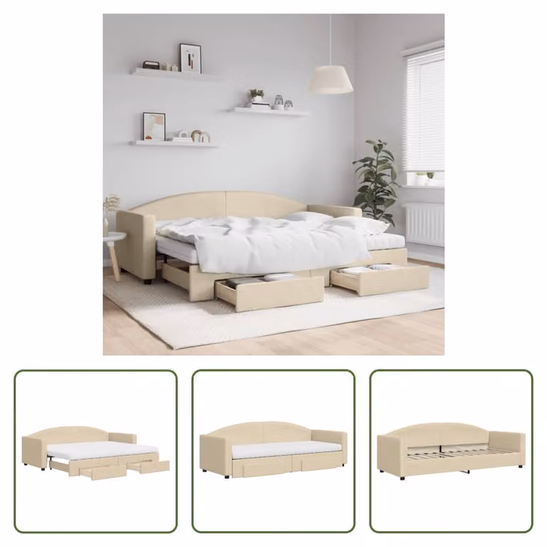 The Living Store letto da giorno allungabile con cassetti crema 80x200 cm in tessuto
