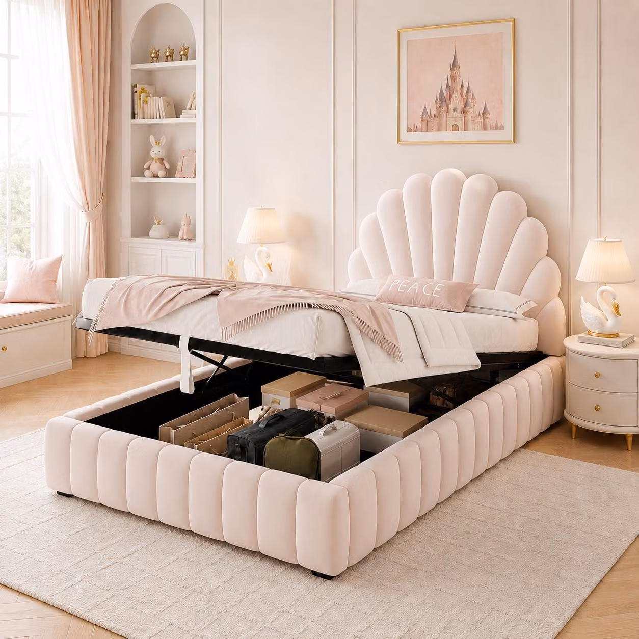 Letto imbottito Merax 90x200 cm con spazio contenitore, letto funzionale idraulico con rete a doghe, letto singolo per bambini con testiera a forma di fiore, in velluto, color rosa
