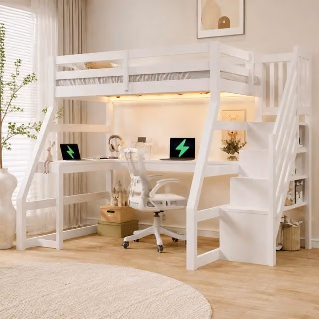 Letto a soppalco 90 × 200 cm con scrivania, LED, USB e scala con 3 vani, senza materasso, in legno bianco