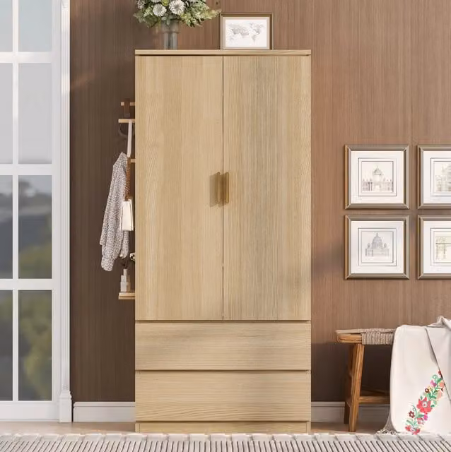 Armadio multifunzione 70x50x170 cm con 2 cassetti e pannello forato laterale; bianco e legno