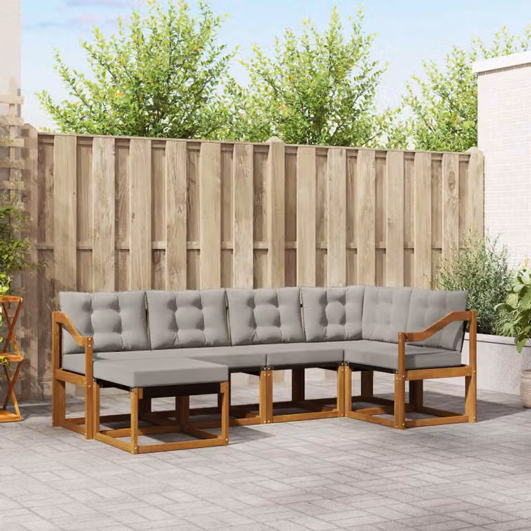 Set di divani da esterno vidaXL a forma di L composto da 6 pezzi in legno di acacia con cuscini inclusi, colore grigio e marrone