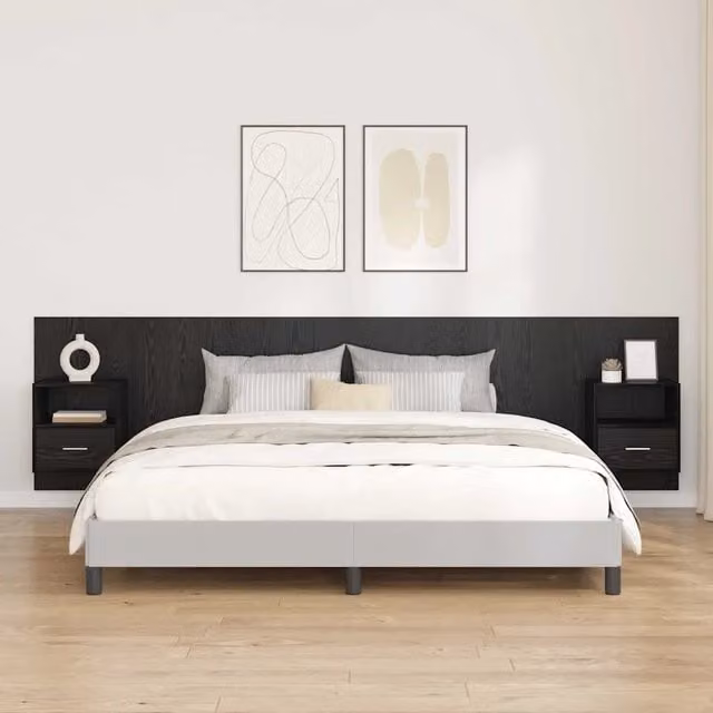 Testata con Comodino 3 pz-Set di 3 Testiera con Contenitore Rovere Nero Legno multistrato 399517