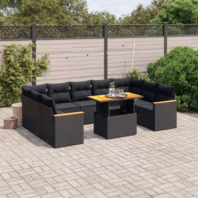 Set di Divani da Giardino VIDAXL in Polyrattan Nero con Cuscini, Design Moderno a L, 11 Pezzi – 1