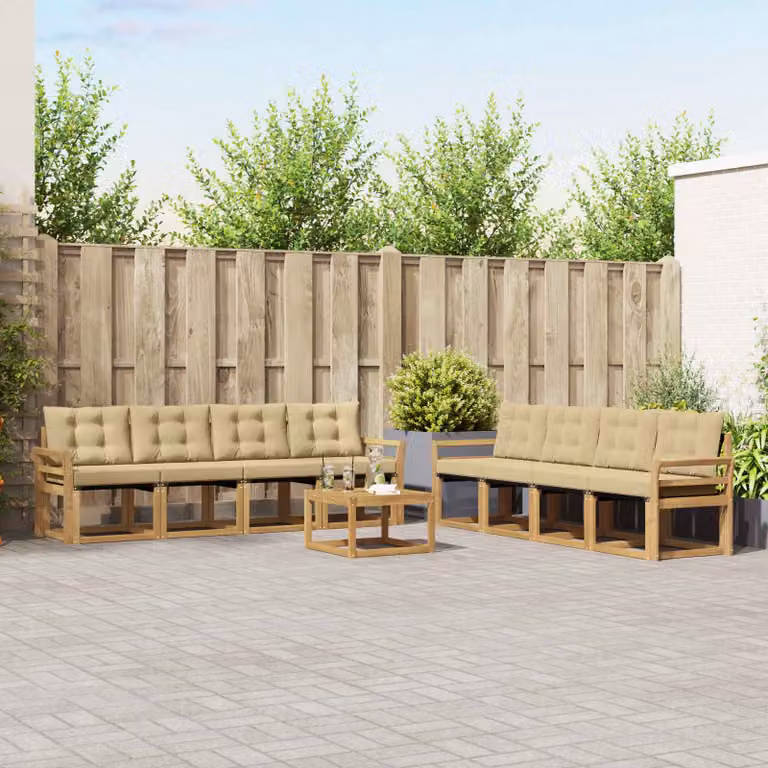 Set di divani da esterno a forma di U vidaXL composto da 9 pezzi in legno di acacia con cuscini, colore bianco, beige e marrone