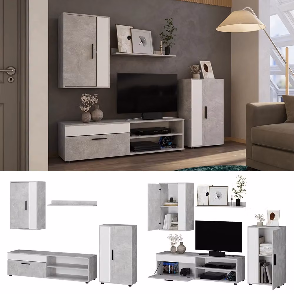 Parete attrezzata Berno Vicco in legno colore grigio per soggiorno, L: 140,0 cm, H: 51,75 cm, P: 35,2 cm – 2