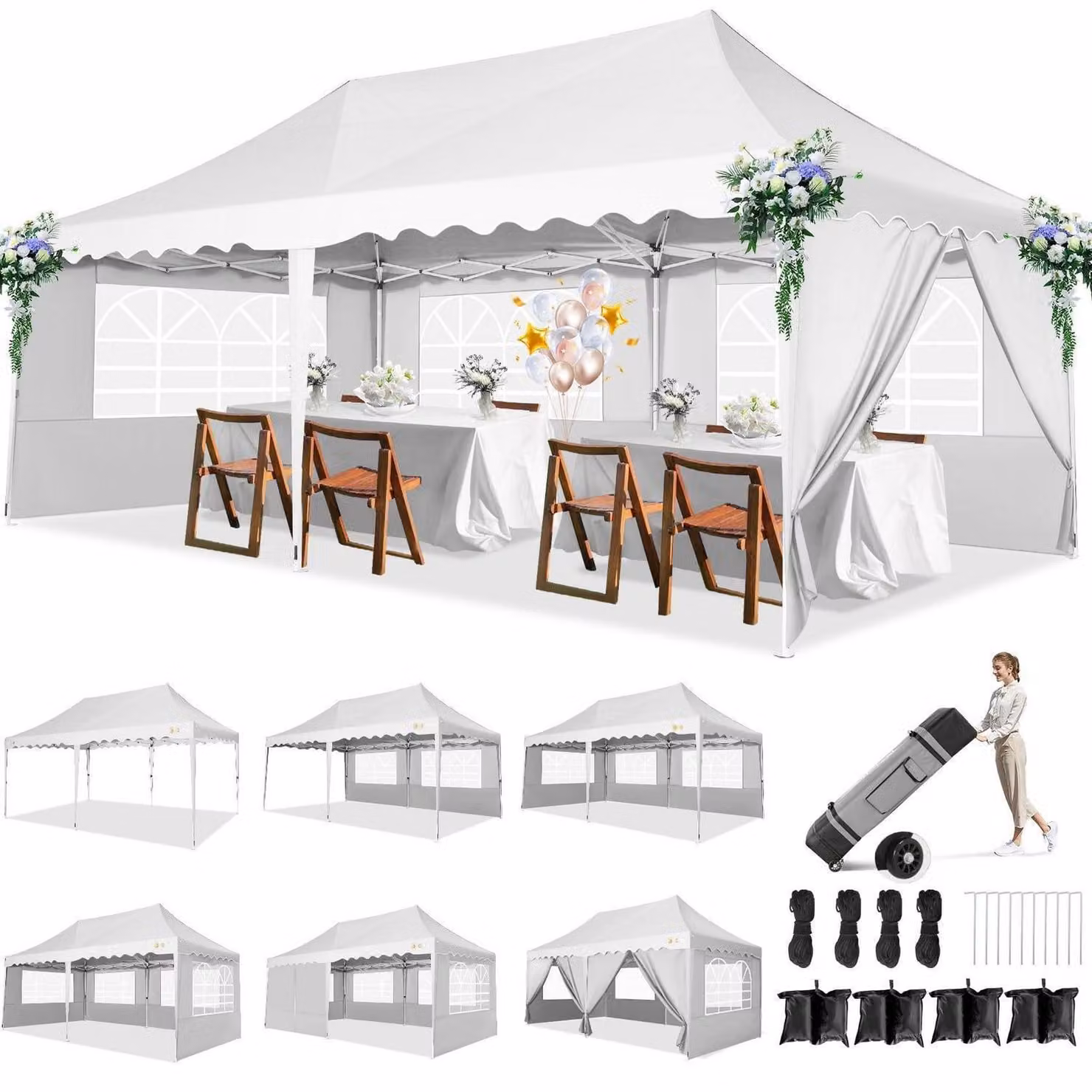 Gazebo da esterno impermeabile 3x6 metri, stabile, ideale per feste, con struttura pop-up e 6 pareti laterali, colore bianco
