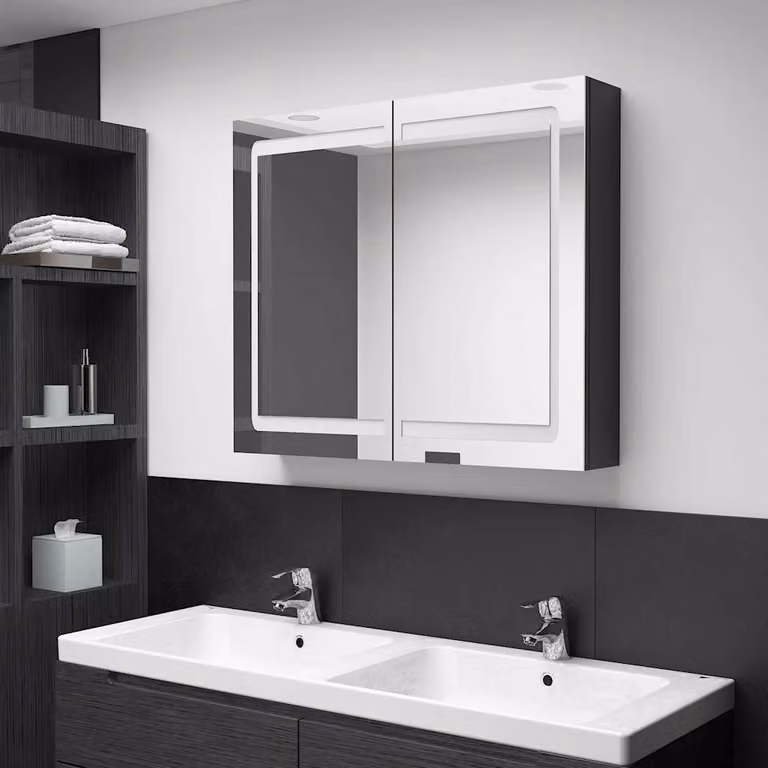 Armadietto da bagno con specchio e illuminazione LED vidaXL, Nero lucido, L 80 cm x P 12 cm x H 68 cm