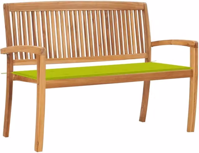 Panchina da giardino impilabile in legno massello di teak con cuscini HELLOSHOP26 marrone e verde L: 128,5 cm