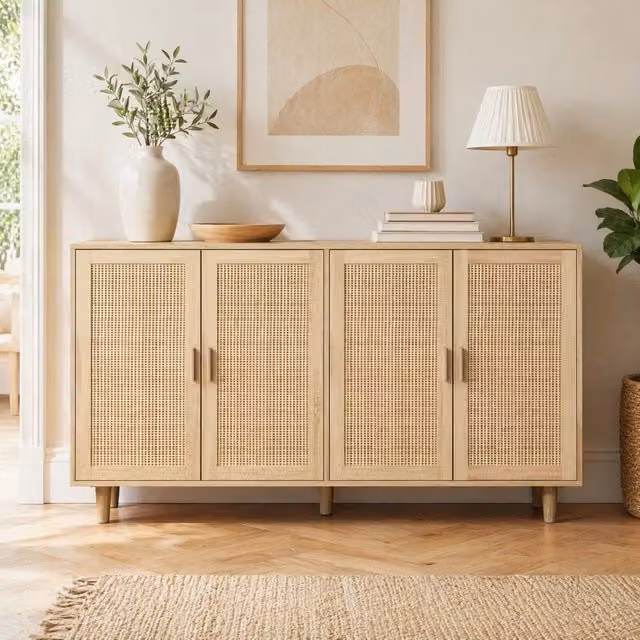 Credenza con 4 ante in rattan decorativo; 158x40x88 cm; in truciolare e legno naturale