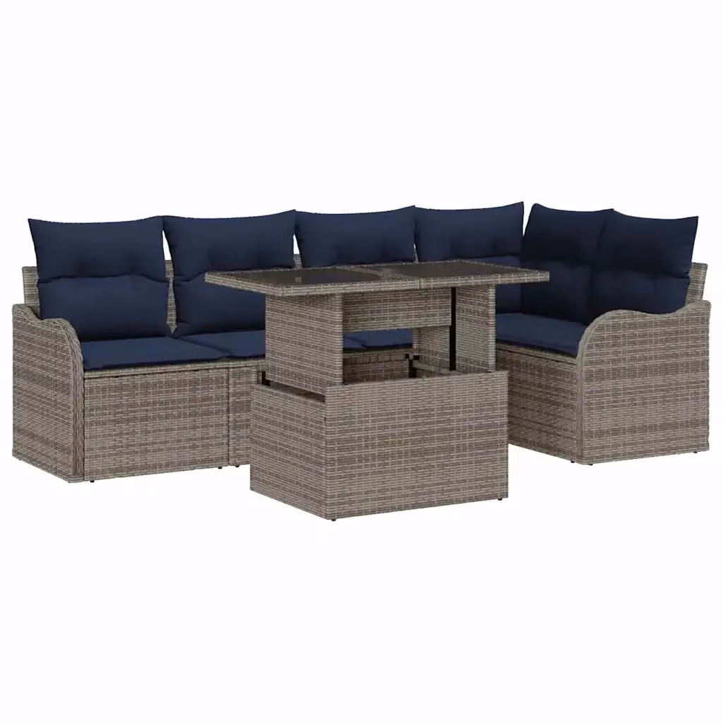 Set da pranzo moderno vidaXL in polyrattan grigio e blu con tavolo in vetro e 6 sedie con cuscini rimovibili resistenti alle intemperie – 2