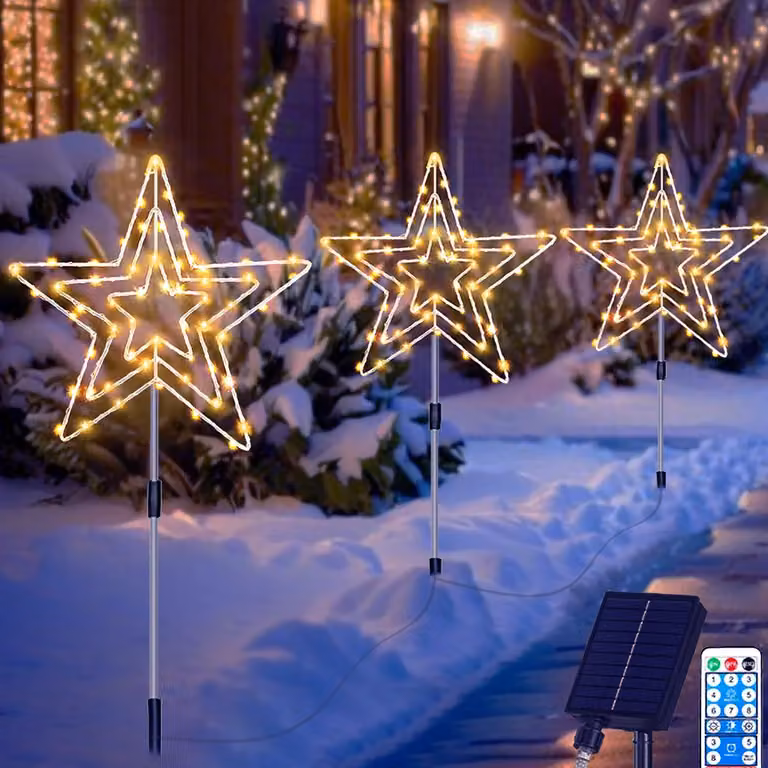 Set di 3 luci natalizie solari, 75 LED, luce bianca calda, grado di protezione IP65, 8 modalità