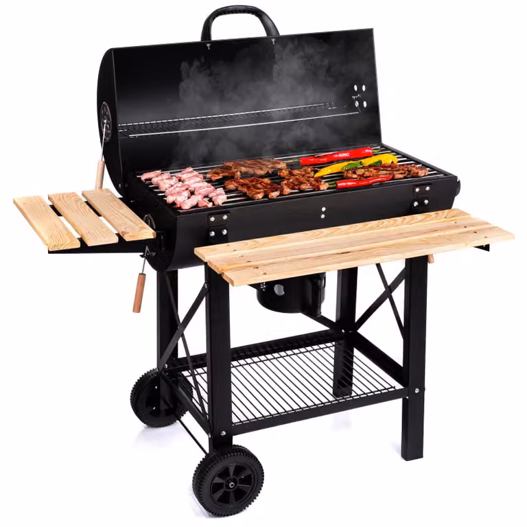 Barbecue a carbonella - Griglia XL in acciaio cromato - Con coperchio e ruote - Per giardino, terrazzo e campeggio
