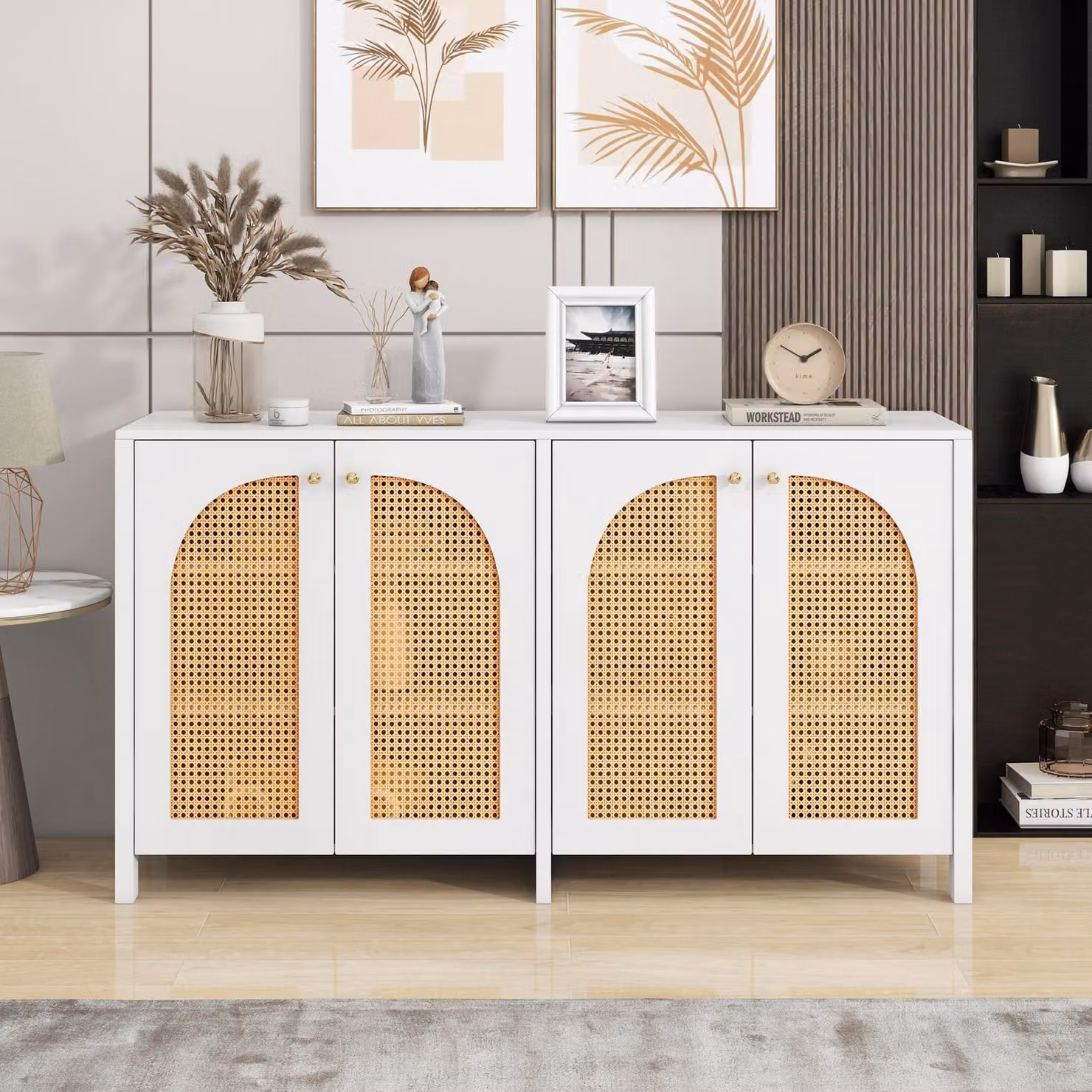 Cassettiera Flieks per soggiorno con anta in rattan, credenza con ripiani regolabili, mobile laterale 145x40x80 cm, bianco