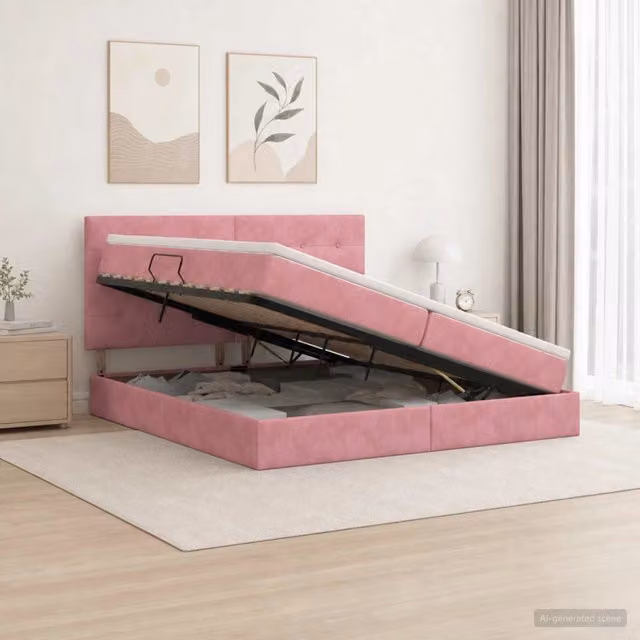 Letto con contenitore vidaXL in velluto rosa con illuminazione LED e porta USB, L/P/H: 200 x 200 x 140 cm