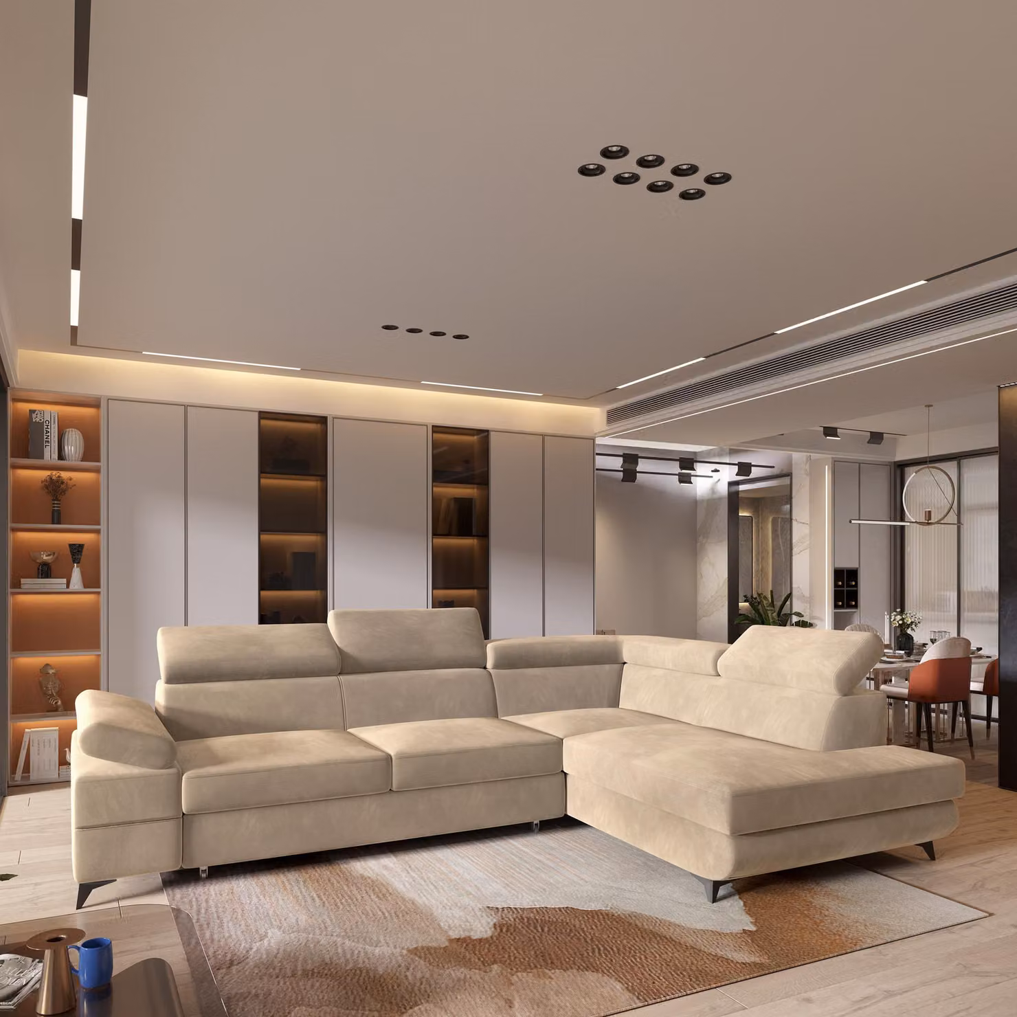 Divano angolare FAVIEN R-S di Masseno con funzione letto a L, divano con box letto, divano da soggiorno, divano, divano letto, set divano crema, MONOLITH 04