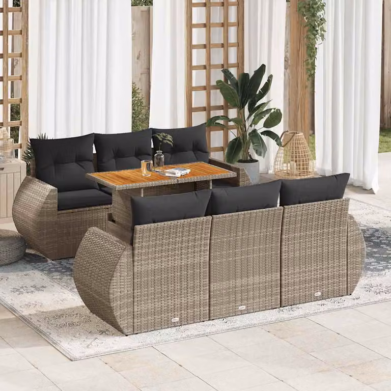 Set di divani da giardino vidaXL in polyrattan grigio con cuscini, tavolo e moduli a L per esterno
