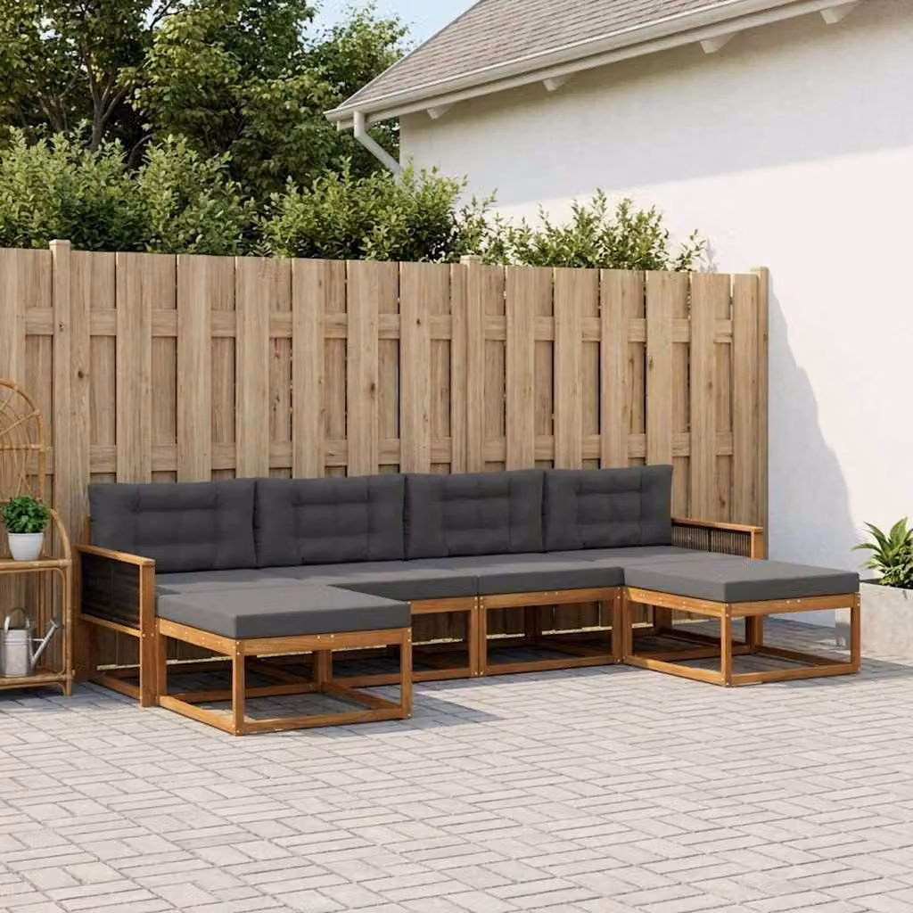 vidaXL Set di divani da esterno a L in legno di acacia con pouf, 6 pezzi, Beige e Antracite
