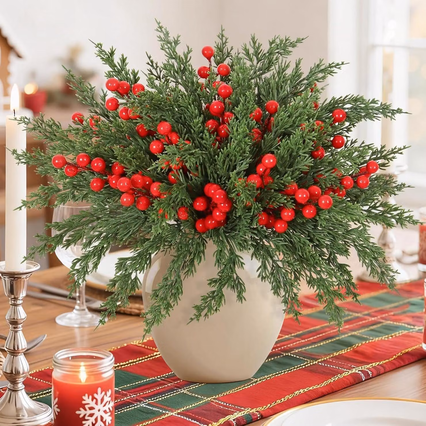 Set di 40 rami artificiali natalizi con bacche rosse per decorazioni festive