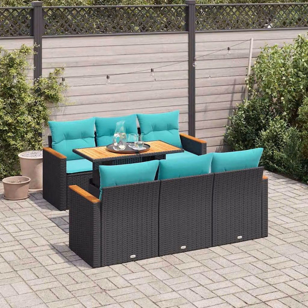 Set di divani da giardino vidaXL in polyrattan nero con 7 cuscini blu e struttura in legno di acacia oliato