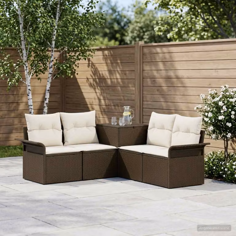 Set di divani da giardino vidaXL a forma di L con cuscini, marrone e bianco crema