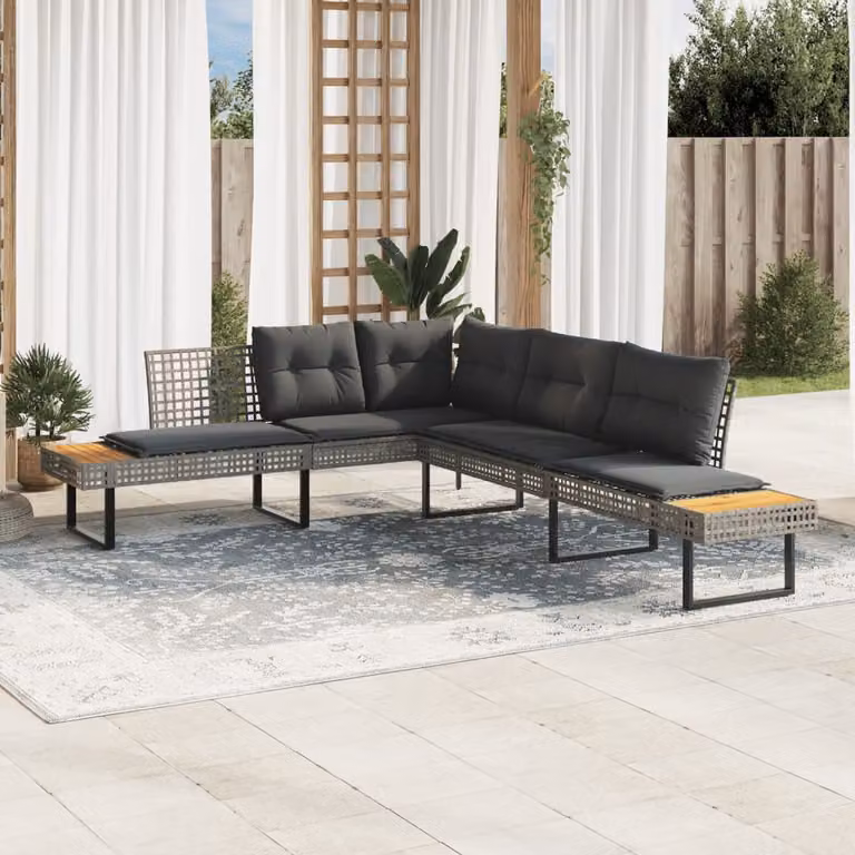 vidaXL Divano da Giardino a L Grigio in Polyrattan e Legno di Acacia con Cuscini Imbottiti e Rivestimenti Rimovibili