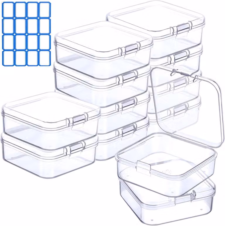 Piccole scatole di plastica trasparente con coperchio, 12 pezzi, 5,5 x 5,5 cm, contenitori per piccoli oggetti