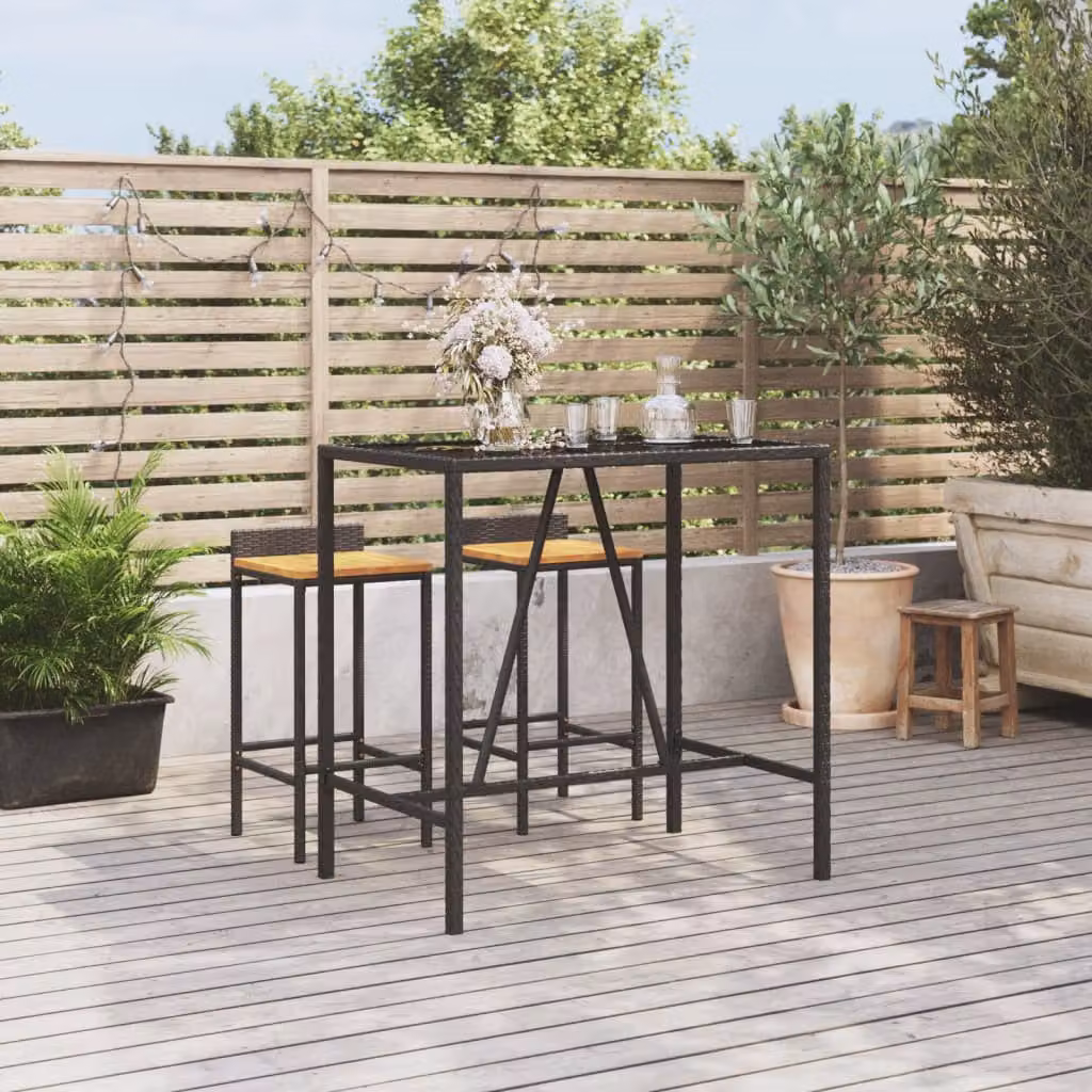 vidaXL Tavolo da Bar Moderno in Polyrattan con Piano in Vetro Nero L: 110 cm, P: 70 cm, H: 110 cm
