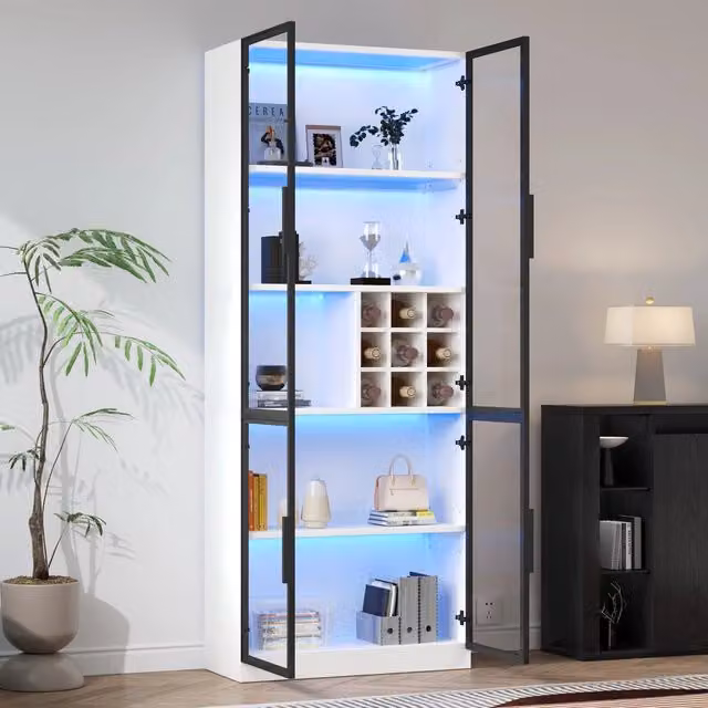 Vetrina con portabottiglie LED, 2 ante in vetro e 5 ripiani, per soggiorno e cucina, truciolare bianco, 80 × 35 × 200 cm