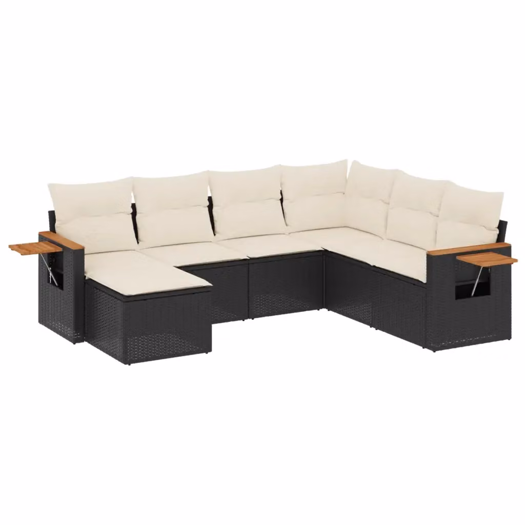 Set di divani da giardino vidaXL a forma di L con cuscini, 7 pezzi, in polyrattan nero e legno di acacia con tavolino da esterno – 2