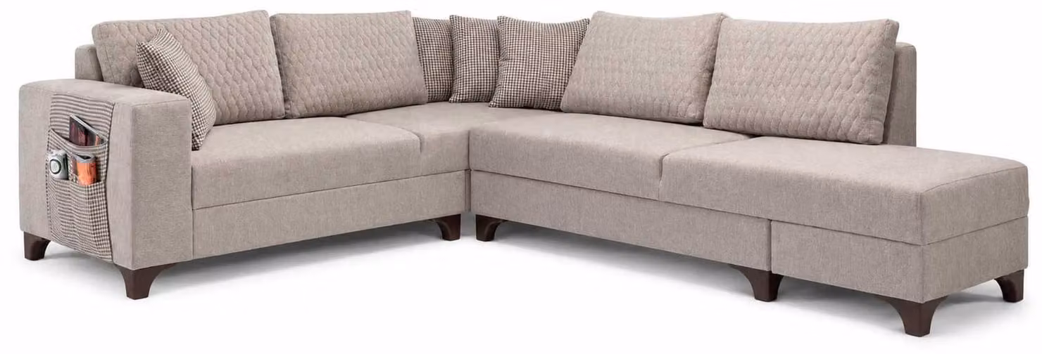 Divano angolare da soggiorno, design moderno, colore beige, forma a "L", con gambe in legno, elegante