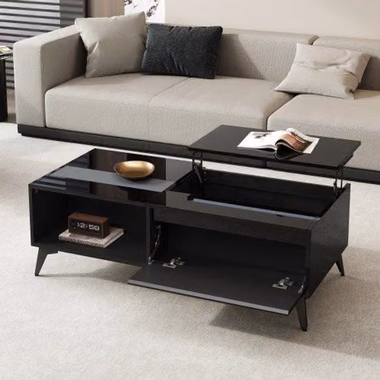 Tavolino da soggiorno nero, laccato lucido, elegante mobile contenitore, tavolino da soggiorno multifunzionale con altezza regolabile, mobili pieghevoli per sala da pranzo/soggiorno, dimensioni 110 x 50 x 48 cm (lunghezza x larghezza x altezza)