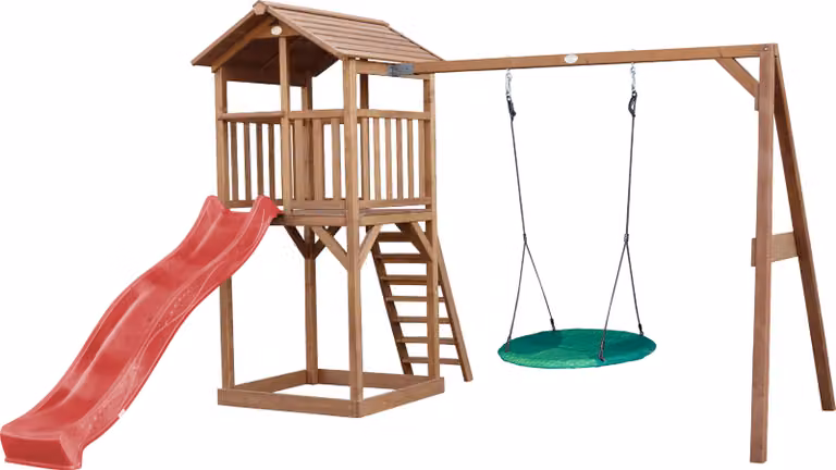 AXI Beach Tower parco giochi in legno in marrone | Torre di gioco per bambini con sabbiera, altalena a nido e scivolo rosso | Casa per bambini su palafitte per il giardino