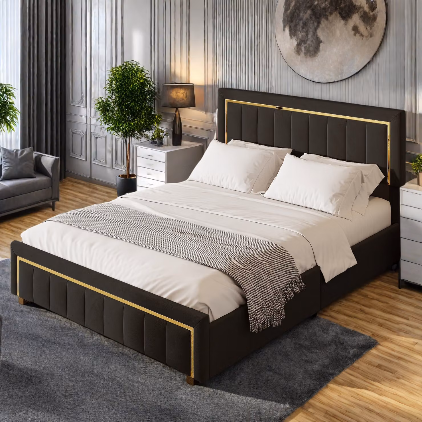 Letto imbottito UnboxG 160x200cm, letto a molle idrauliche, letto per ragazzi letto matrimoniale con rete a doghe e contenitore, letto contenitore, velluto, nero