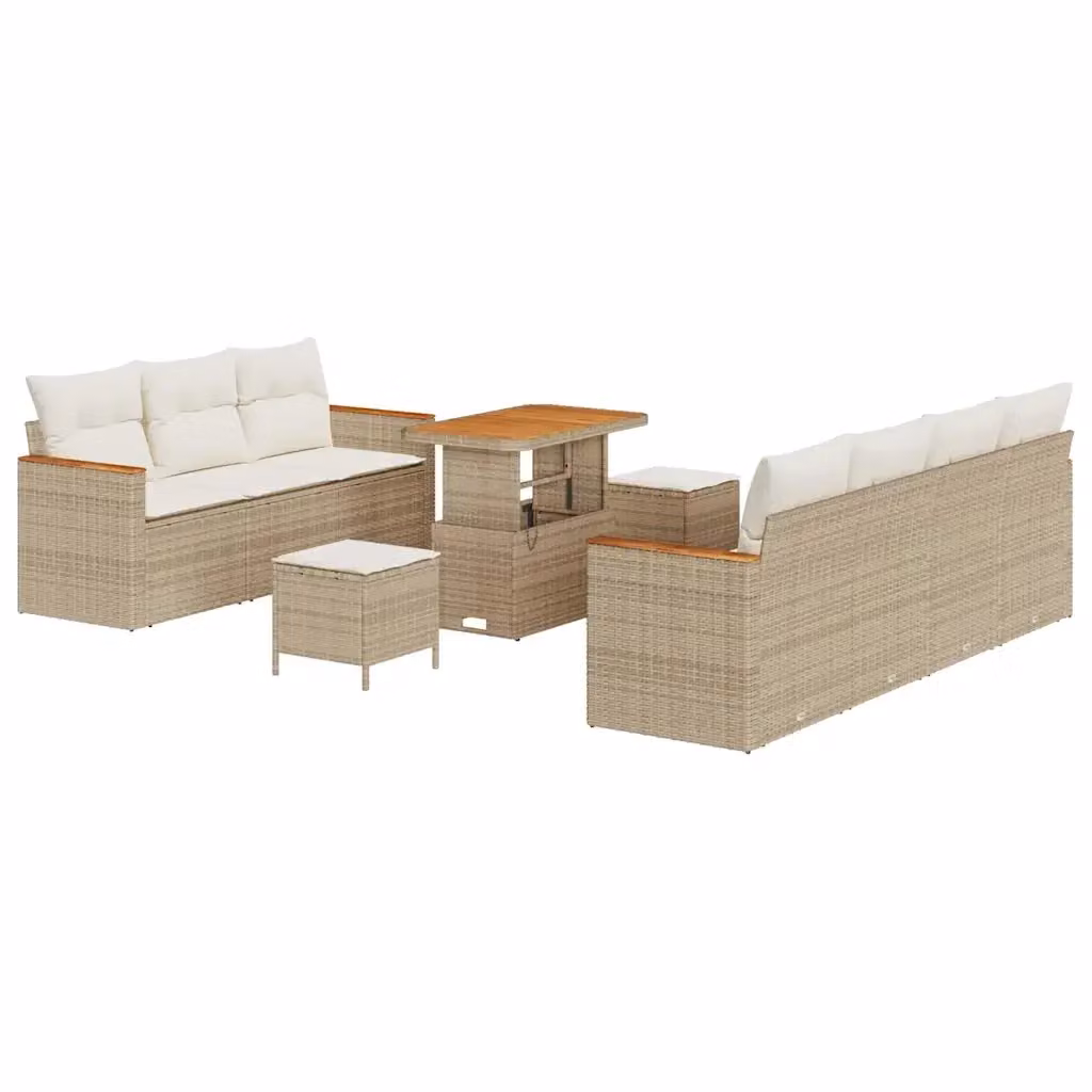 Set Divano da Giardino vidaXL 10 Pezzi in Polyrattan Beige con Cuscini e Tavolino – 2