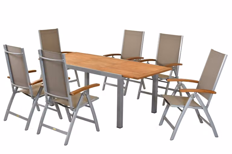 Set di mobili da giardino Merxx Naxos 7 pezzi, 6 sedie pieghevoli, 1 tavolo allungabile 150 (200) x 90 cm - alluminio/tessuto/acacia