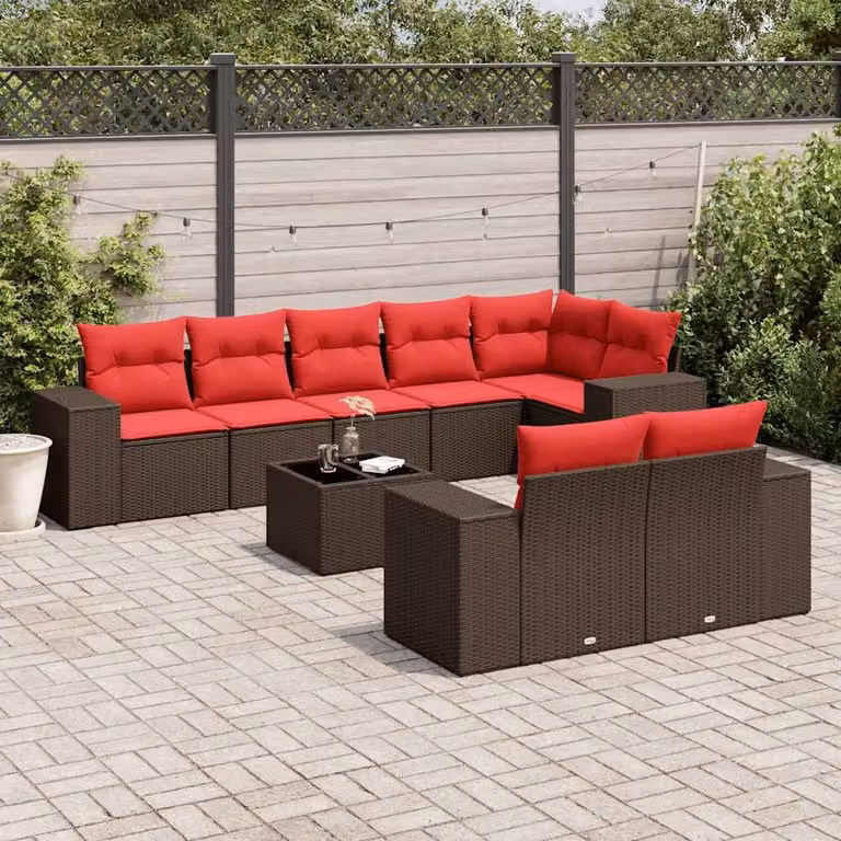 Set Divani da Giardino vidaXL 9 pz a Forma a L con Tavolino da Caffè e Cuscini, Polyrattan Marrone e Struttura in Acciaio Verniciato a Polvere