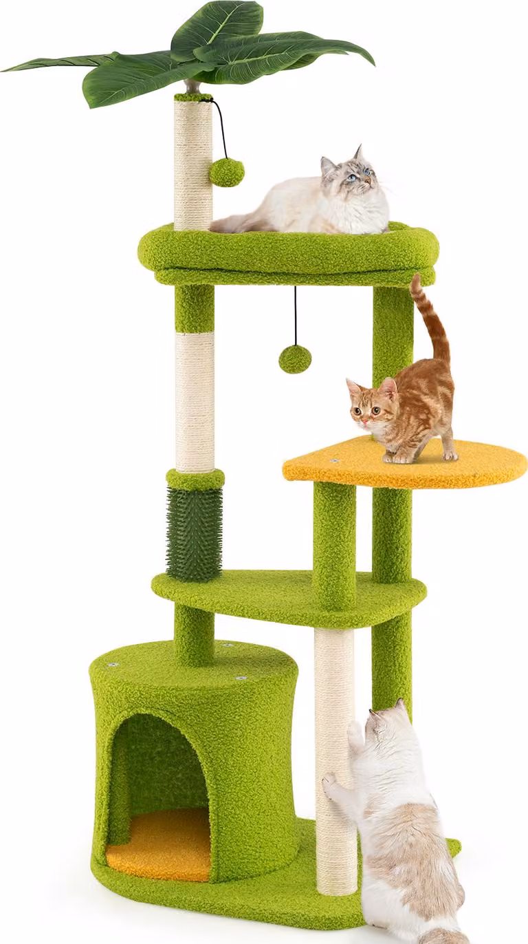 COSTWAY tiragraffi alto 122 cm, albero per gatti con grotta per gatti, foglie artificiali, spazzola per gatti, lettino, tiragraffi in sisal, piattaforme e palline, verde