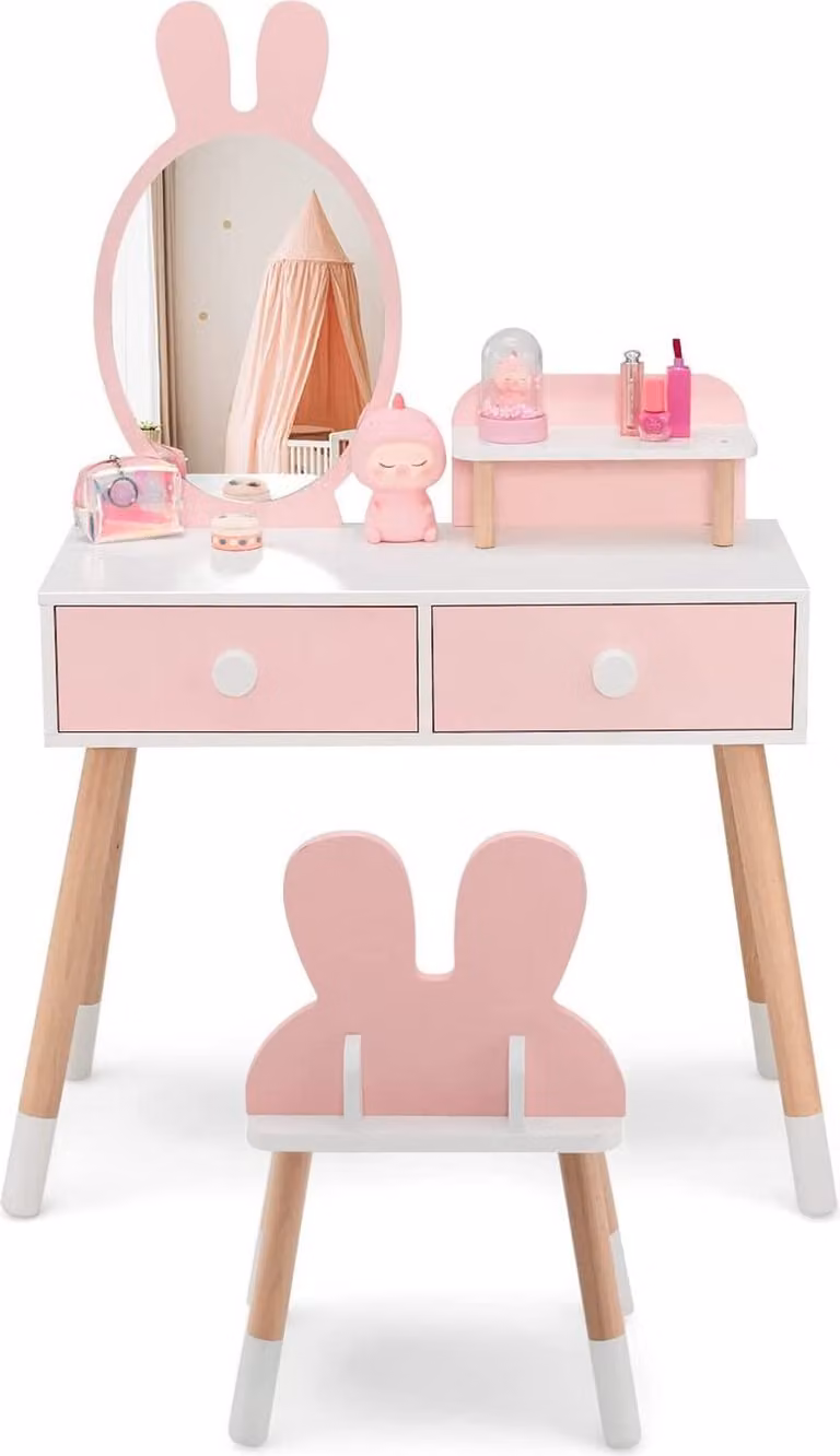 COSTWAY set tavolo da trucco e sedia per bambini, tavolo da toilette 2 in 1 con specchio, 2 cassetti e ripiano portaoggetti, simpatico design a coniglio, set da trucco con gambe in legno massiccio per bambine, rosa e bianco