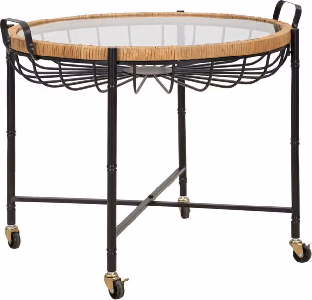 Tavolino Basso 70,5x65x57 cm con Ruote in Metallo Piano in Vetro