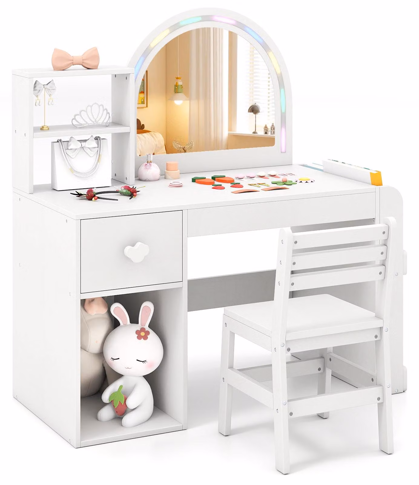 COSTWAY 2 in 1, toletta per bambini con illuminazione, specchio, libreria e cassetto, toletta in legno per bambini dai 3 anni in su, bianco