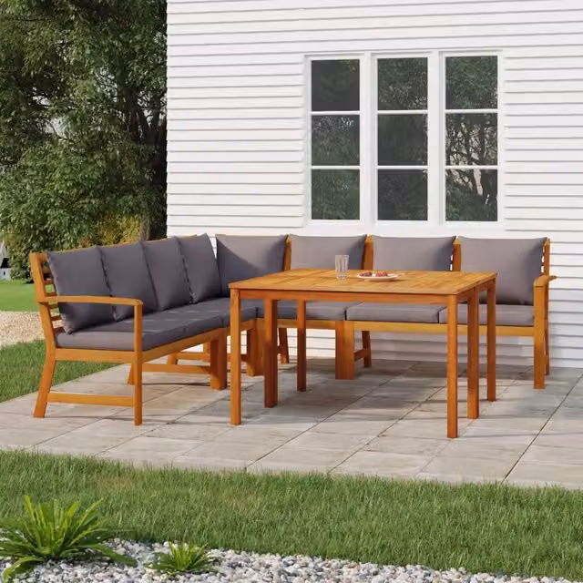 Set da pranzo da giardino vidaXL in legno di acacia con 7 pezzi e cuscini, colore marrone e grigio, L/P/H: 110 x 60,5 x 81 cm – 1