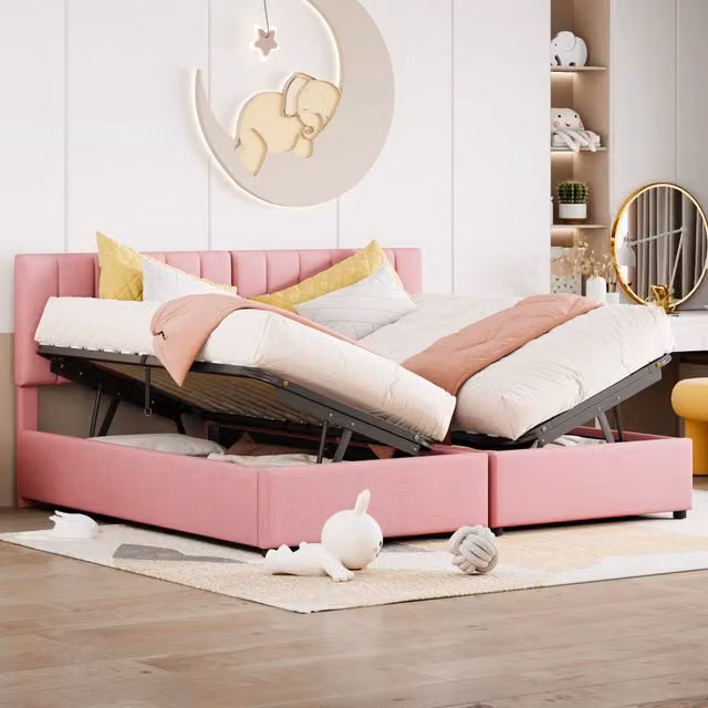 Letto imbottito 180x200 cm con contenitore idraulico convertibile in due letti singoli in lino rosa