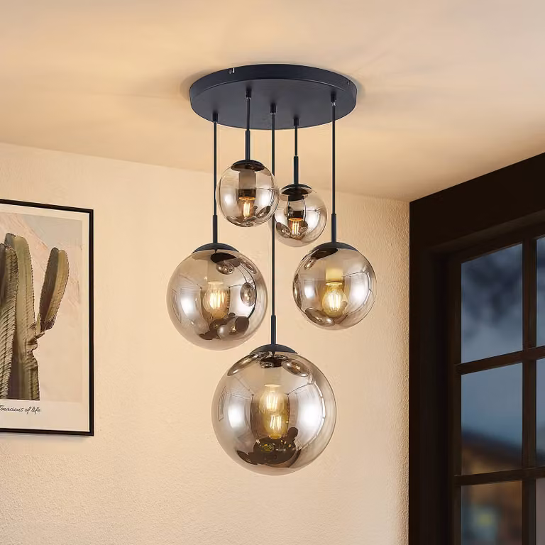 Lampada a sospensione in vetro Teeja Lindby, dimmerabile, Alluminio / Grigio / Zincato, Soggiorno / Sala da pranzo, Vetro, Vintage, Lampada a sospensione