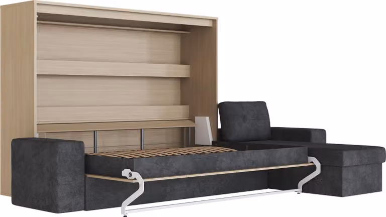 Letto a scomparsa 160x200 orizzontale M2 (profondità 55 cm) antracite con divano ad angolo antracite Quercia Kaiserberg