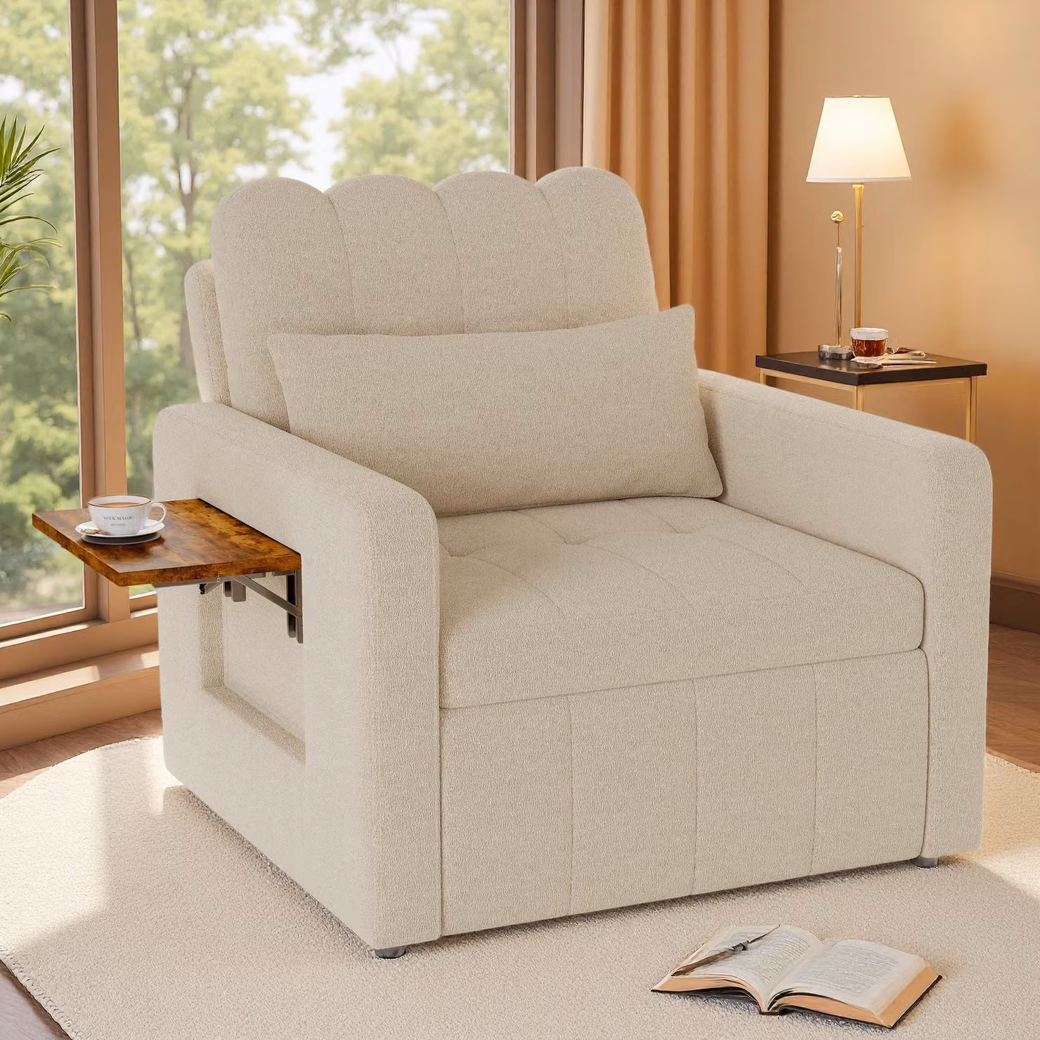 Divano letto INONEFT 3 in 1 con funzione letto, poltrona reclinabile con schienale regolabile in 5 posizioni, cuscini e tavolino pieghevole, in tessuto chenille, color beige