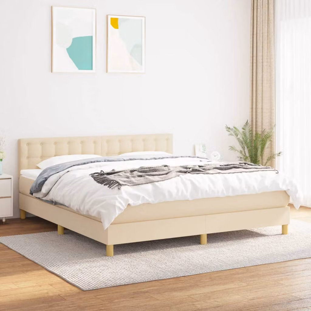 vidaXL Giroletto a Molle con Materasso Ibrido in Tessuto Beige e Bianco L/P/H: 160 x 200 x 88 cm