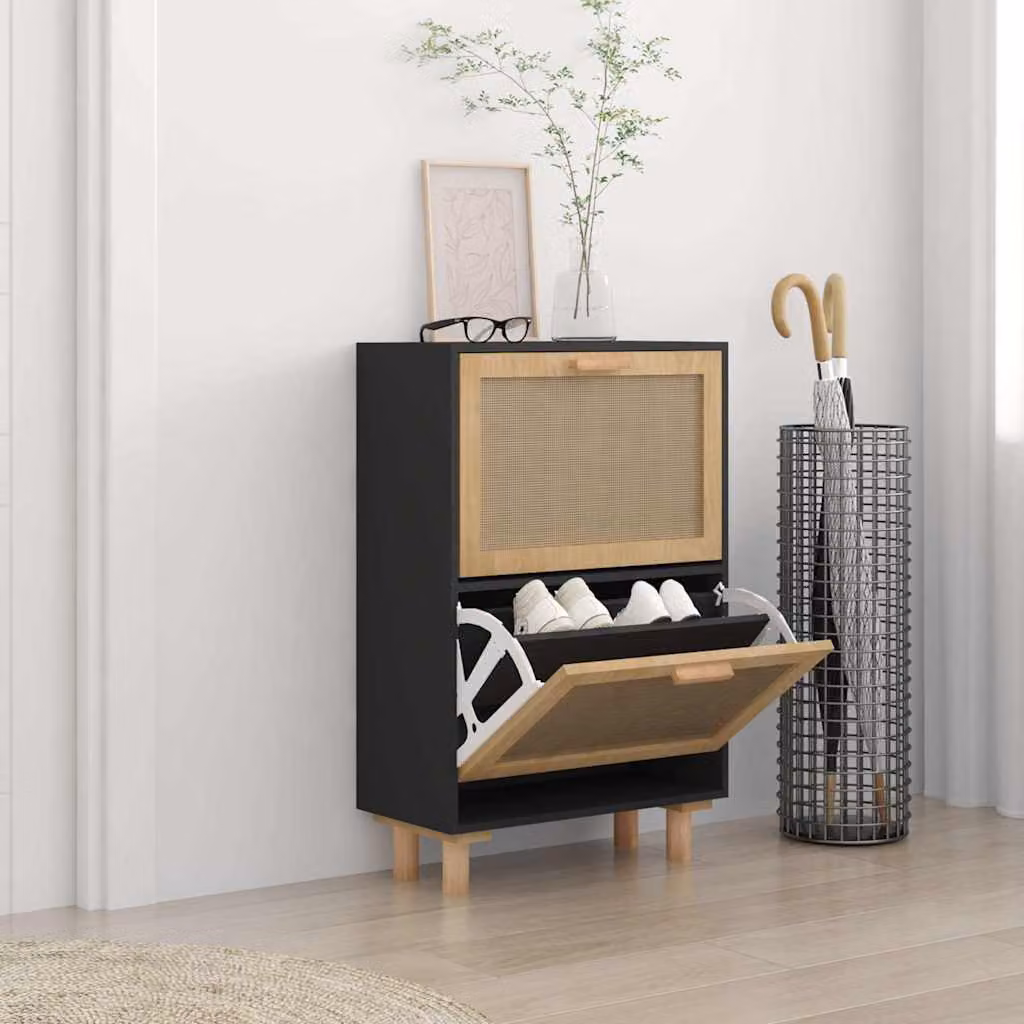 Scarpiera vidaXL in stile scandinavo nera con legno e rattan, L: 52 cm, P: 25 cm, H: 80 cm