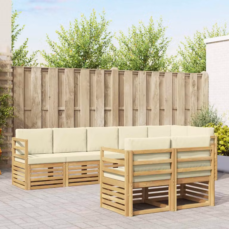 Set di divani da esterno vidaXL a forma di L composto da 8 pezzi in legno di acacia con cuscini bianchi e beige
