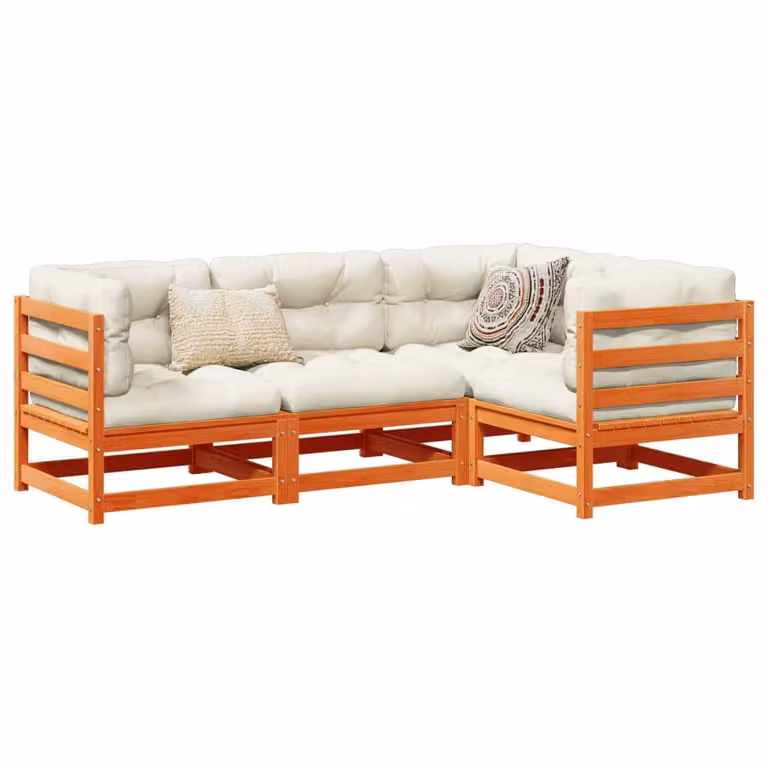 Set di divani da giardino vidaXL in legno massello di pino cerato marrone con cuscini beige, composizione a L per 4 persone