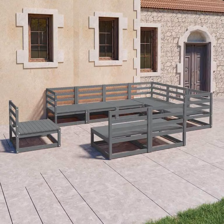 Set di divani da giardino vidaXL in legno massello di pino, 9 pezzi, grigio